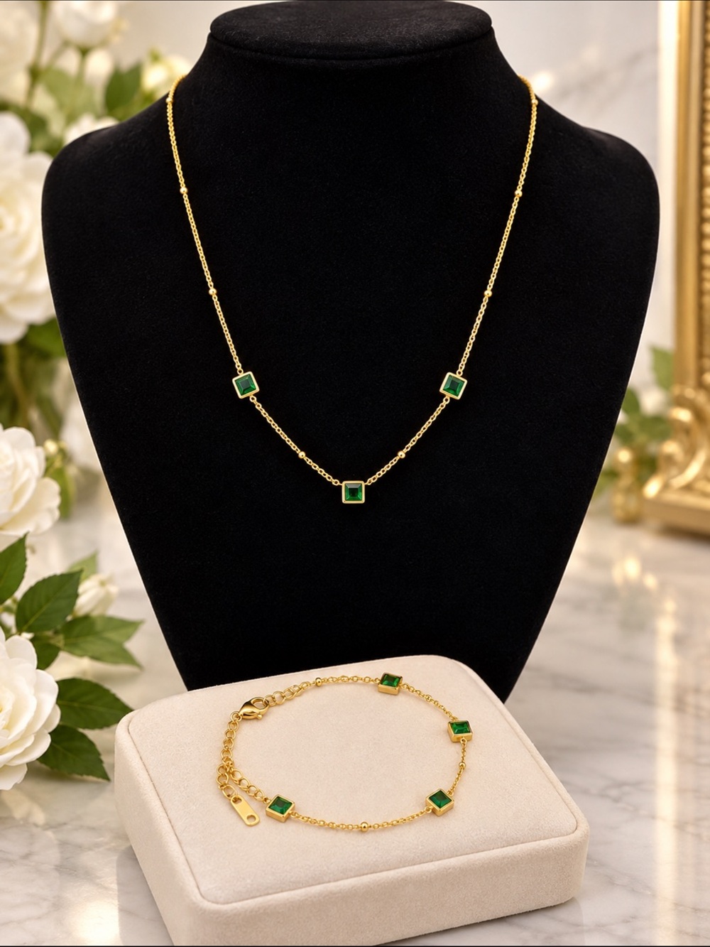 Gold Plated Necklace & Bracelet Set with Green Square Stones